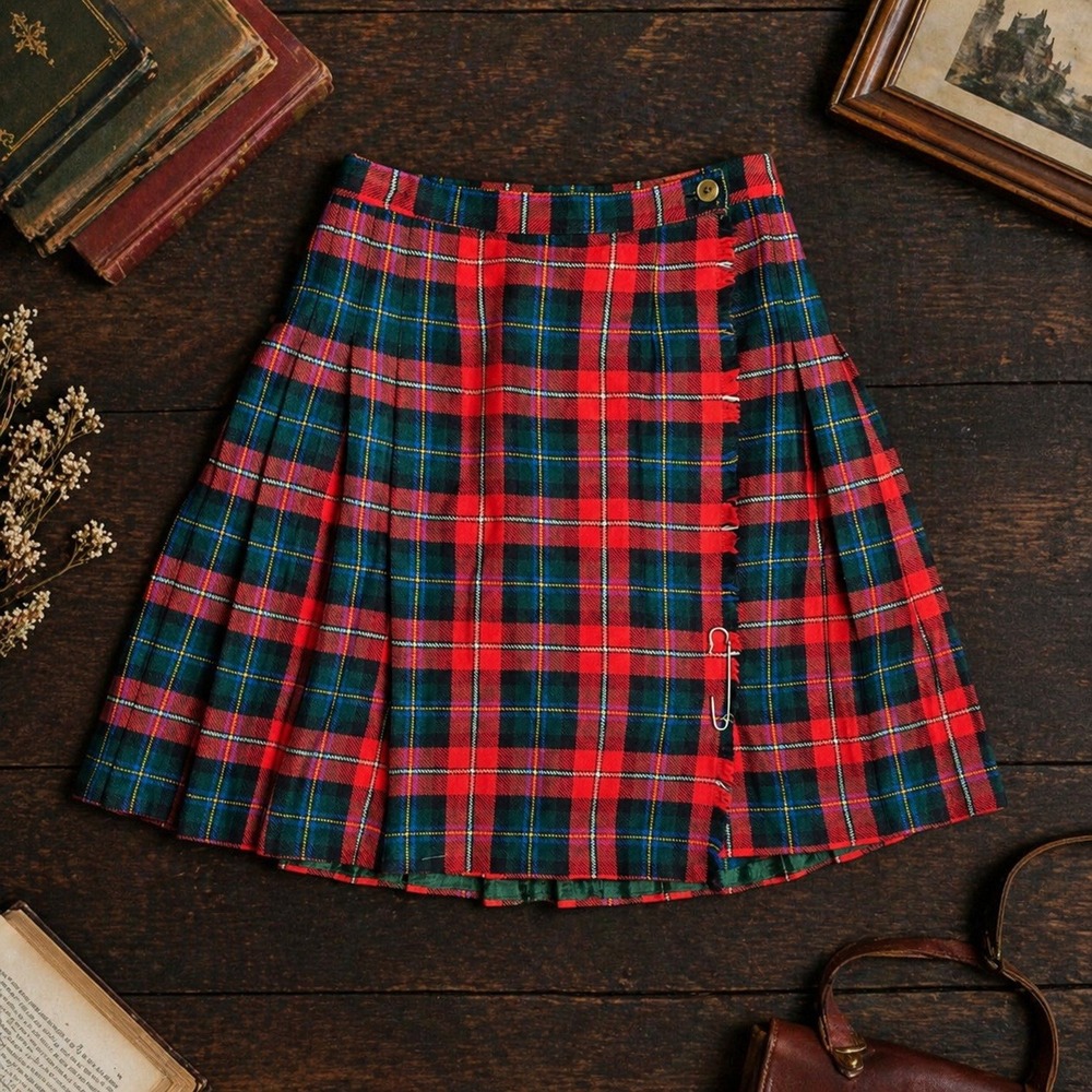Vintage‎ Tartan Plaid Pleated Mini Skirt XS Kilt Dark Academia Preppy Y2K